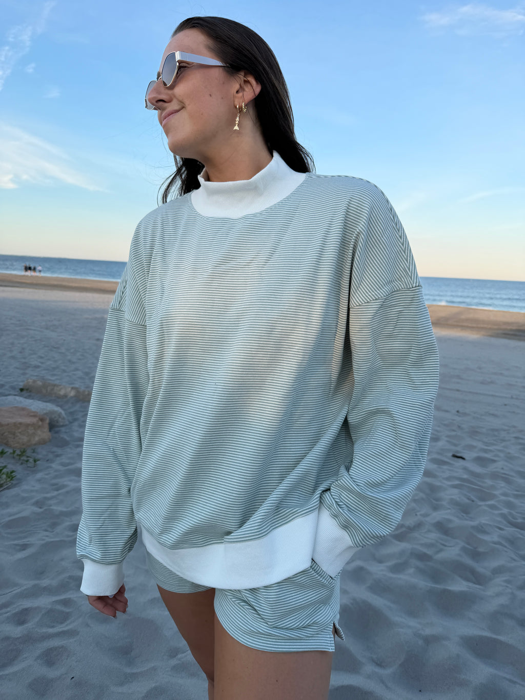 Sage Striped Mock neck
