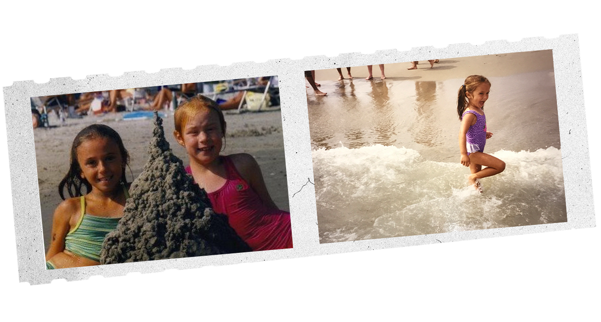 Vintage-style film strip of two photos: girls building a sandcastle and a child playing in ocean waves at the beach
