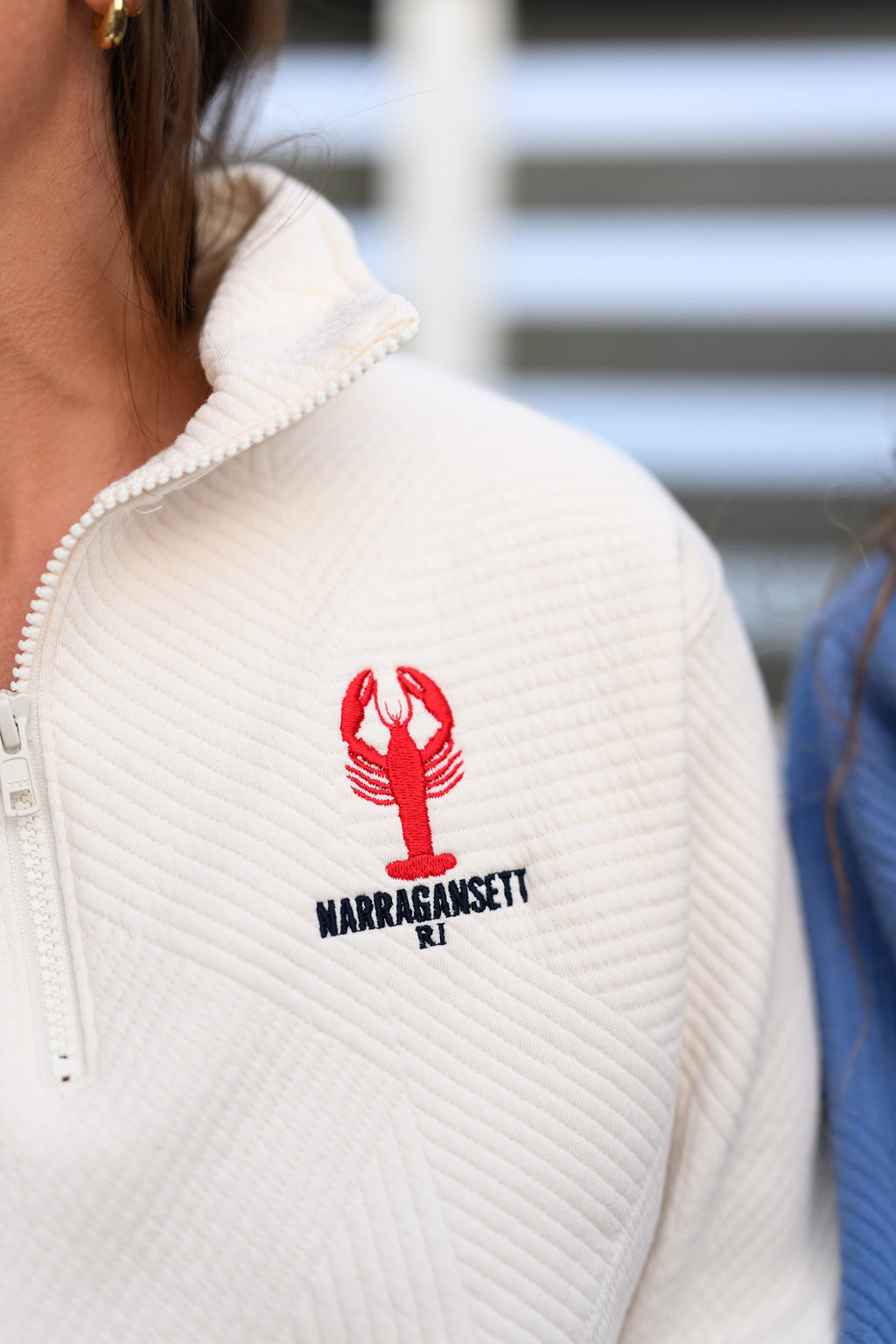 Coastal Lobster Quarter Zip in vintage white red lobster embroidery on structured textured quarter zip