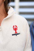 Coastal Lobster Quarter Zip in vintage white red lobster embroidery on structured textured quarter zip