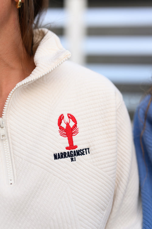 Coastal Lobster Quarter Zip in vintage white red lobster embroidery on structured textured quarter zip