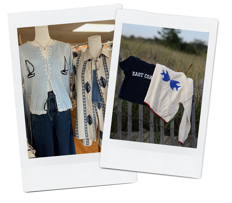Polaroid-style photos of Crosswynds Traders apparel, including a sailboat-embroidered cardigan in store and an East Coast graphic tee on a beach fence
