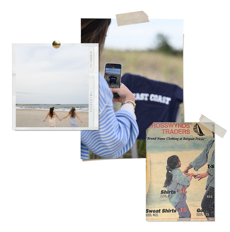 Collage of Crosswynds Traders memories: two girls on the beach, a customer photographing an East Coast tee, and a vintage Crosswynds Traders newspaper ad